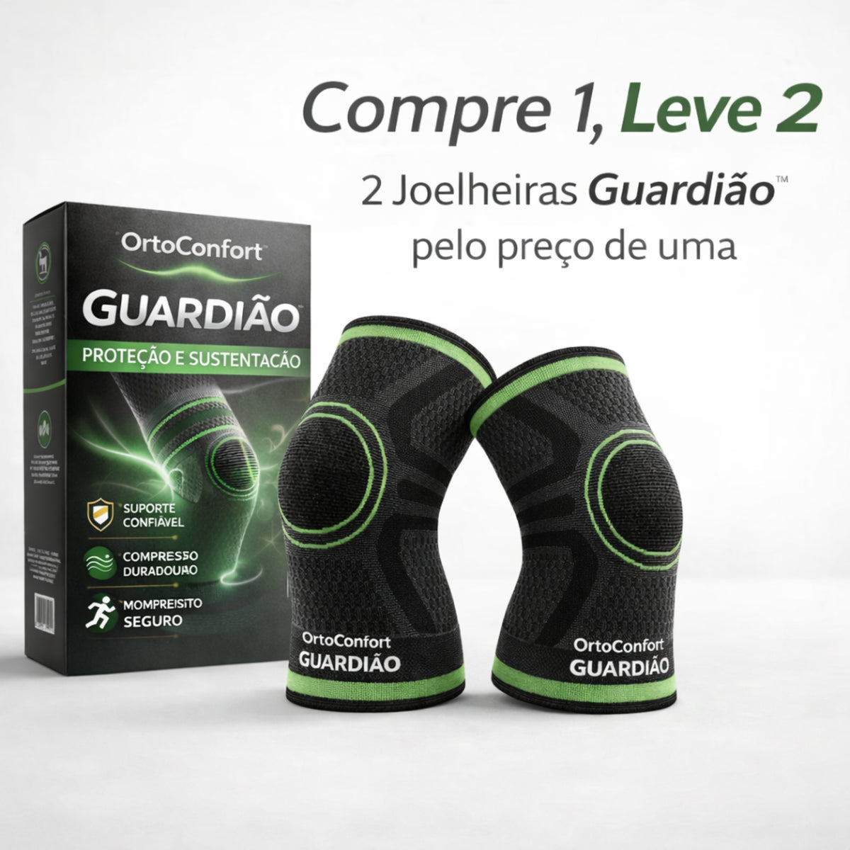 OrtoConfort Guardião™ - Joelheira Ortopédica de Compressão - 𝘾𝙊𝙈𝙋𝙍𝙀 𝟭, 𝙇𝙀𝙑𝙀 𝟮